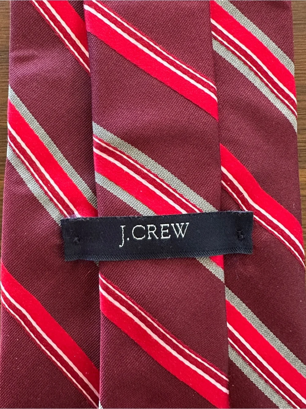 J. Crew Burgundy Tie with Red and Silver Stripes
